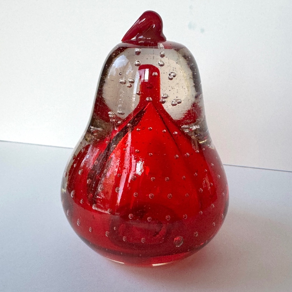 Lefton Pear Paperweight, Art Glass  with Controlled Bubbles